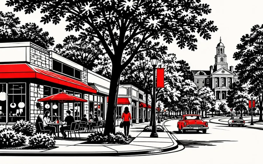 Illustration of a tree-lined Brighton shopping corner with mid-century storefronts