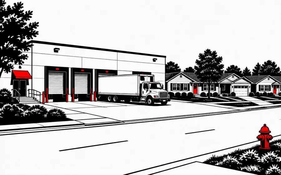 Illustration of a Gates distribution warehouse beside a residential street