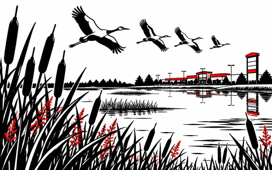 Illustration of the Braddock Bay marsh and migrating birds in Greece