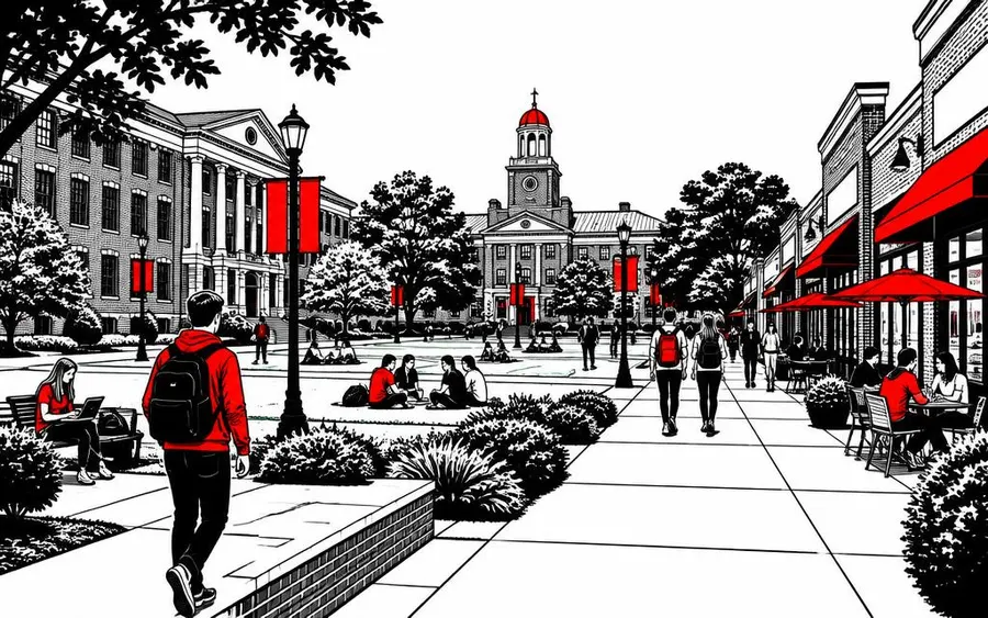Illustration of a college campus quad and retail strip in Henrietta