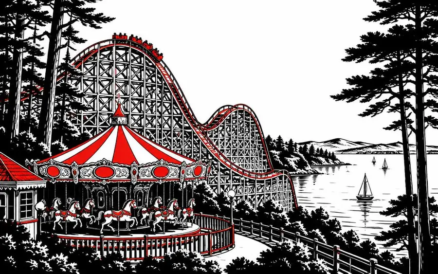 Illustration of a wooden coaster and carousel beside Irondequoit Bay