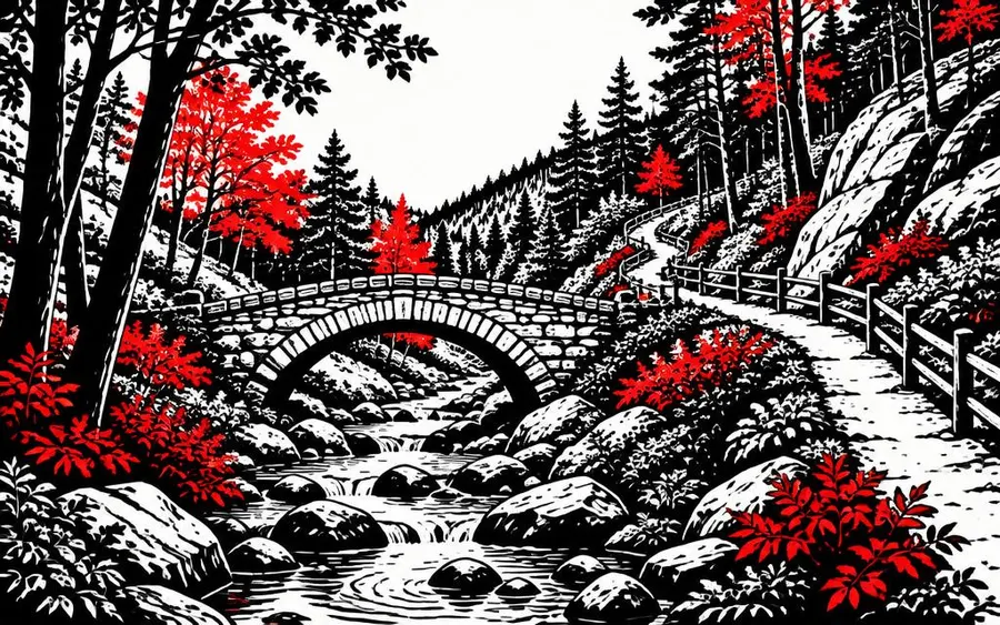Illustration of a stone footbridge in the wooded Ellison Park creek valley