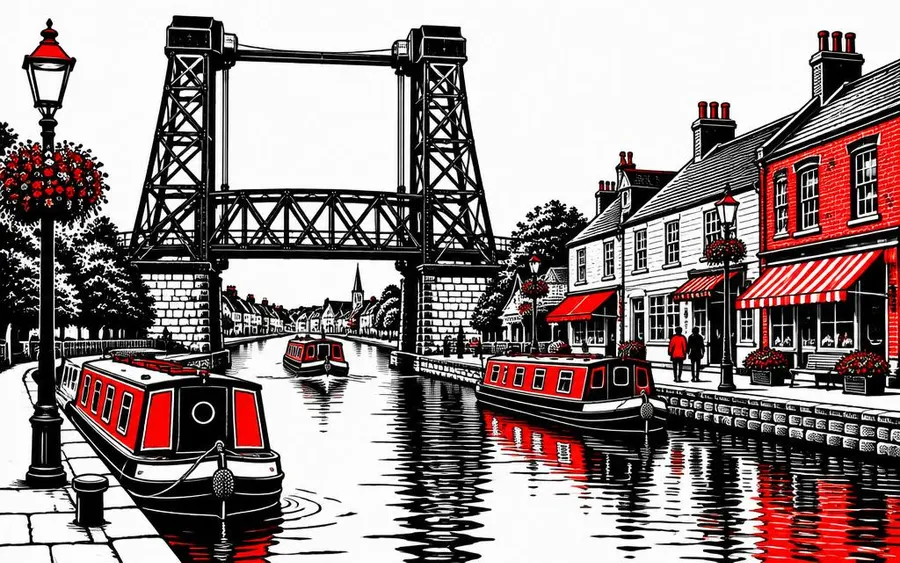 Illustration of the Erie Canal lift bridge and canal boats in Fairport