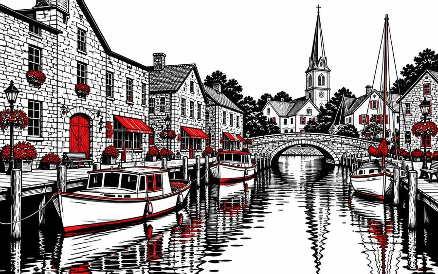 Illustration of canal-side stone warehouses and boats at Schoen Place in Pittsford