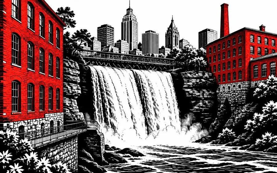 Illustration of the High Falls gorge and downtown Rochester skyline