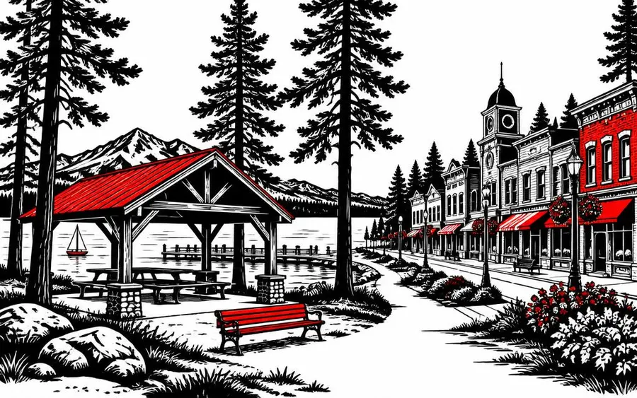 Illustration of a lakeside park pavilion and the Webster village core